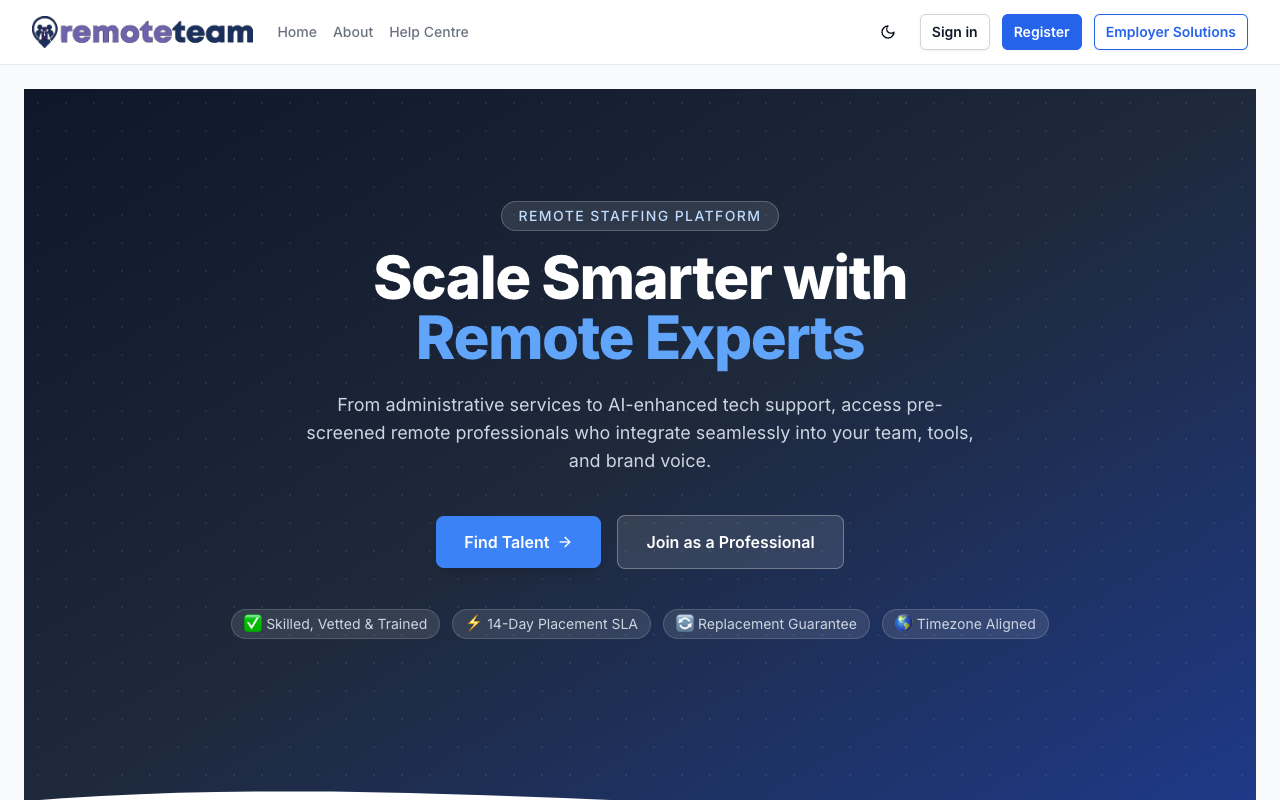 Homepage preview of RemoteTeam App